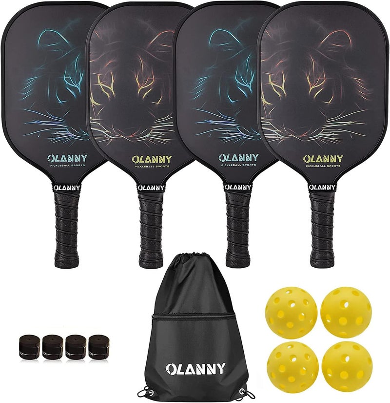 OLANNY مجموعة مضارب بيكلبول من الجرافيت - مضارب متميزة بوجه ألياف ونواة خلوية بوليمر تشمل مضارب بيكلبول + كرات بيكلبول + قبضة ناعمة بديلة + 1 حقيبة - Image 1